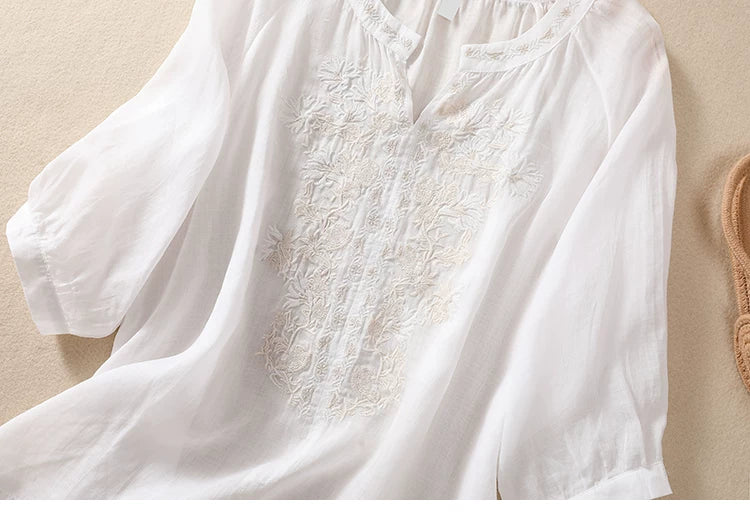 Embroidered Three Quarter Sleeve Blouse, Cotton Linen