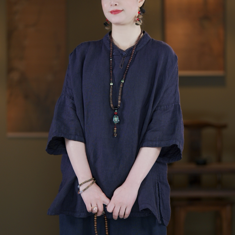 100% Linen Boxed Top with Stand Collar & Elbow Sleeves