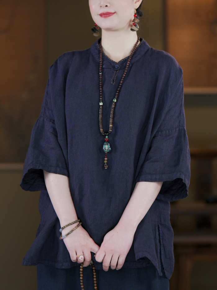 100% Linen Boxed Top with Stand Collar & Elbow Sleeves