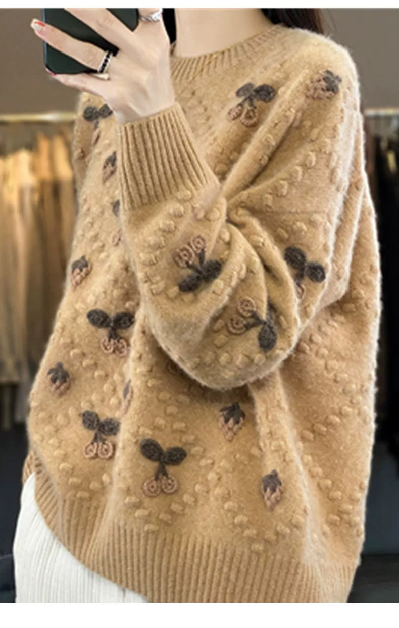 Cherry Motif Knit Sweater - Relaxed Pullover