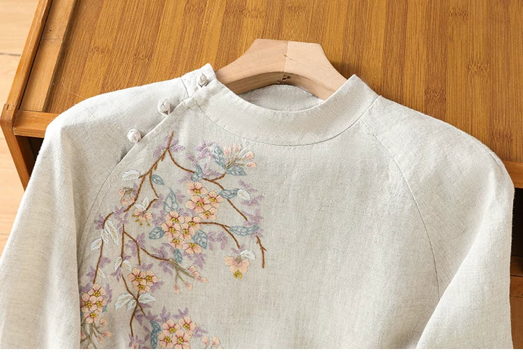 Embroidered Cotton Linen Three Quarter Sleeve Shirt