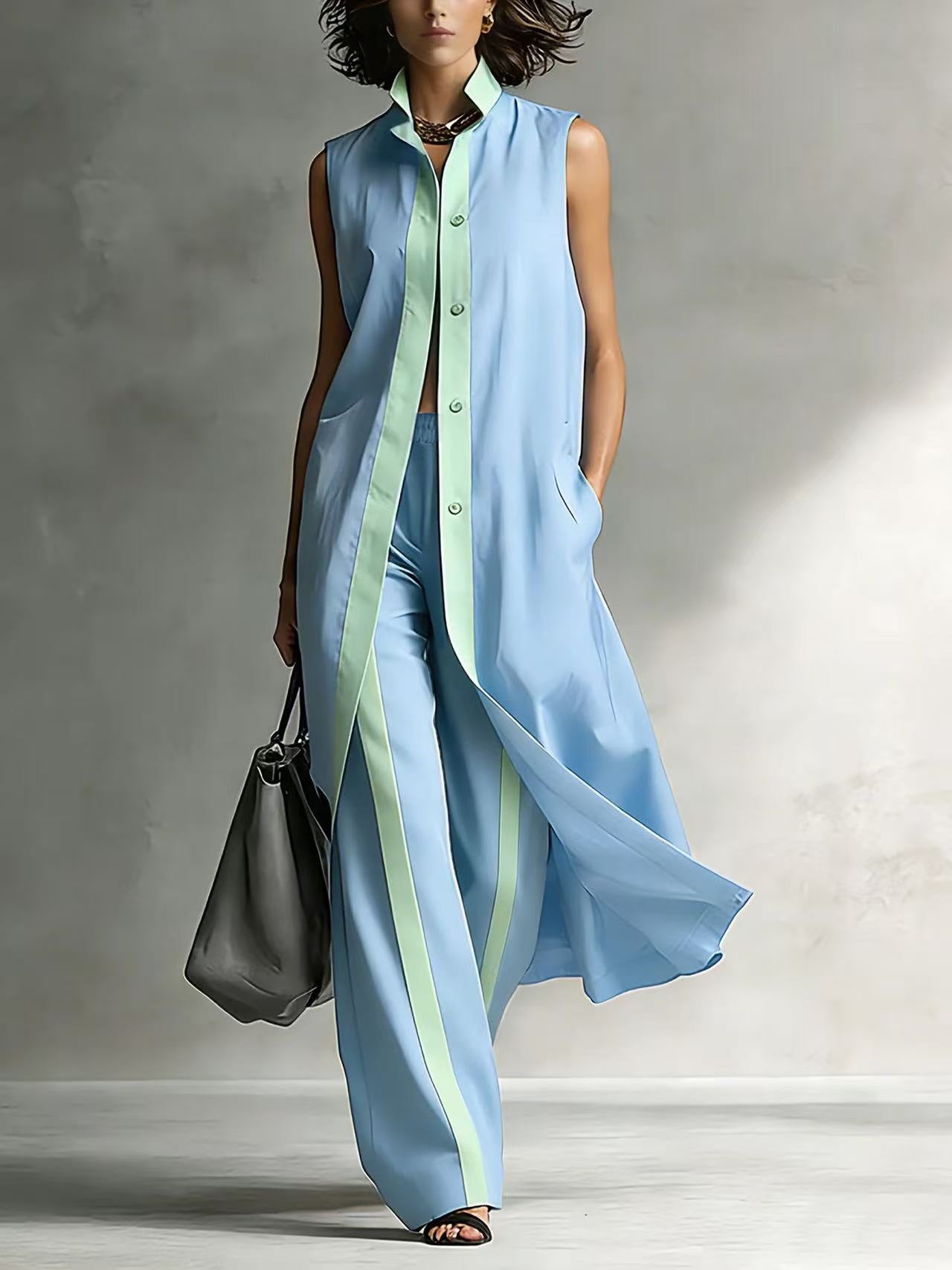 Relaxed Two-Piece Set with Stand Collar & Contrast Piping