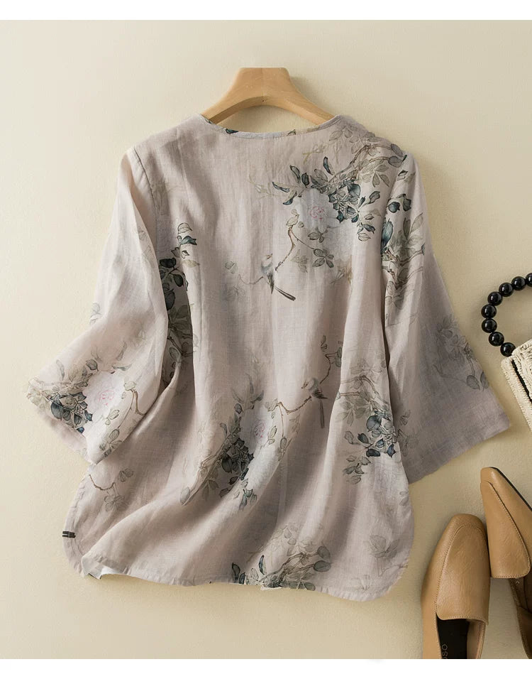 Botanical Bird Print Cotton Linen Three Quarter Sleeve Shirt