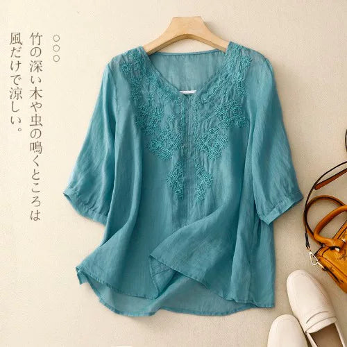Embroidered Cotton Linen Three Quarter Sleeve Shirt