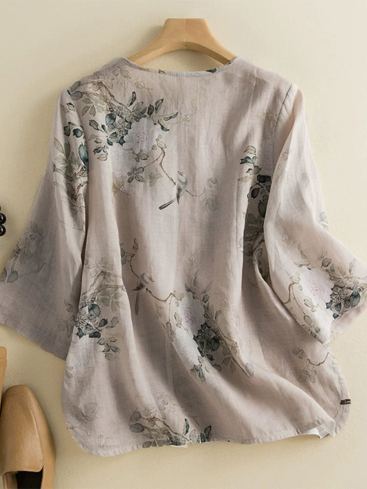 Botanical Bird Print Cotton Linen Three Quarter Sleeve Shirt