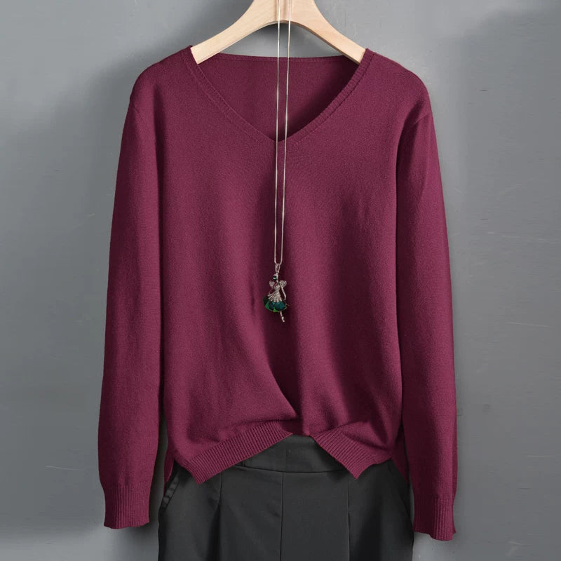 V-Neck Knit Top with Ribbed Cuffs & Side Slit