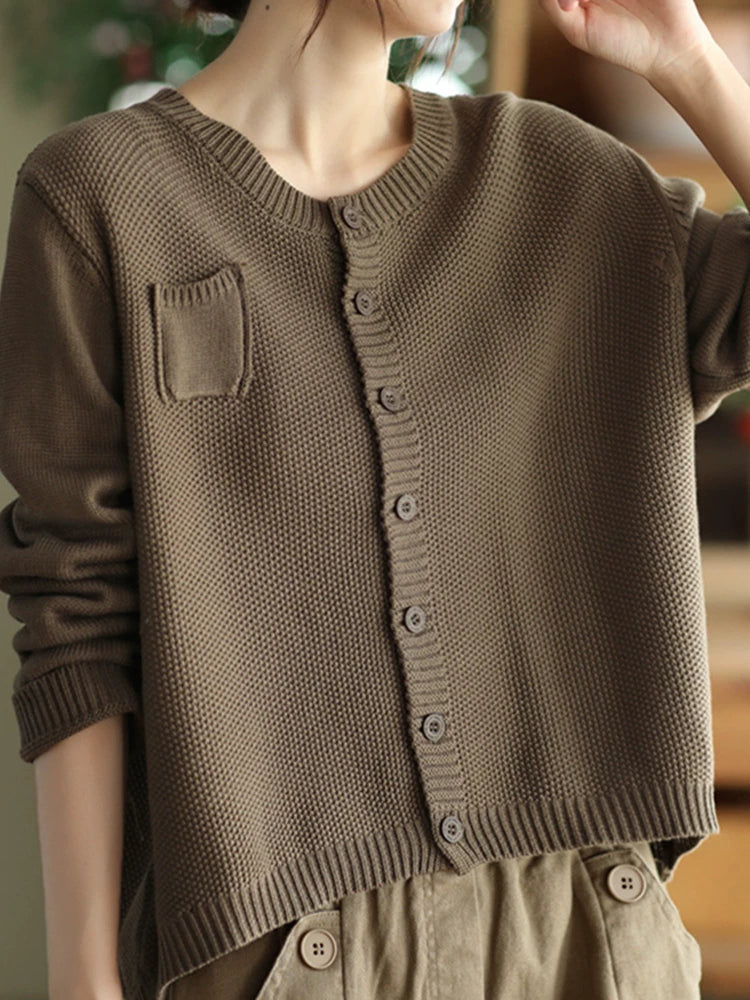 Cotton-Blend Knit Cardigan with V-Neck & Chest Pocket