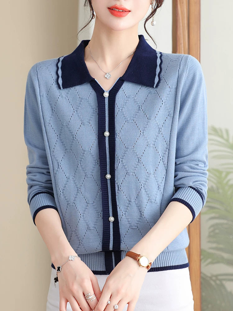 Diamond-Pattern Knit Cardigan with Contrast Collar Trim