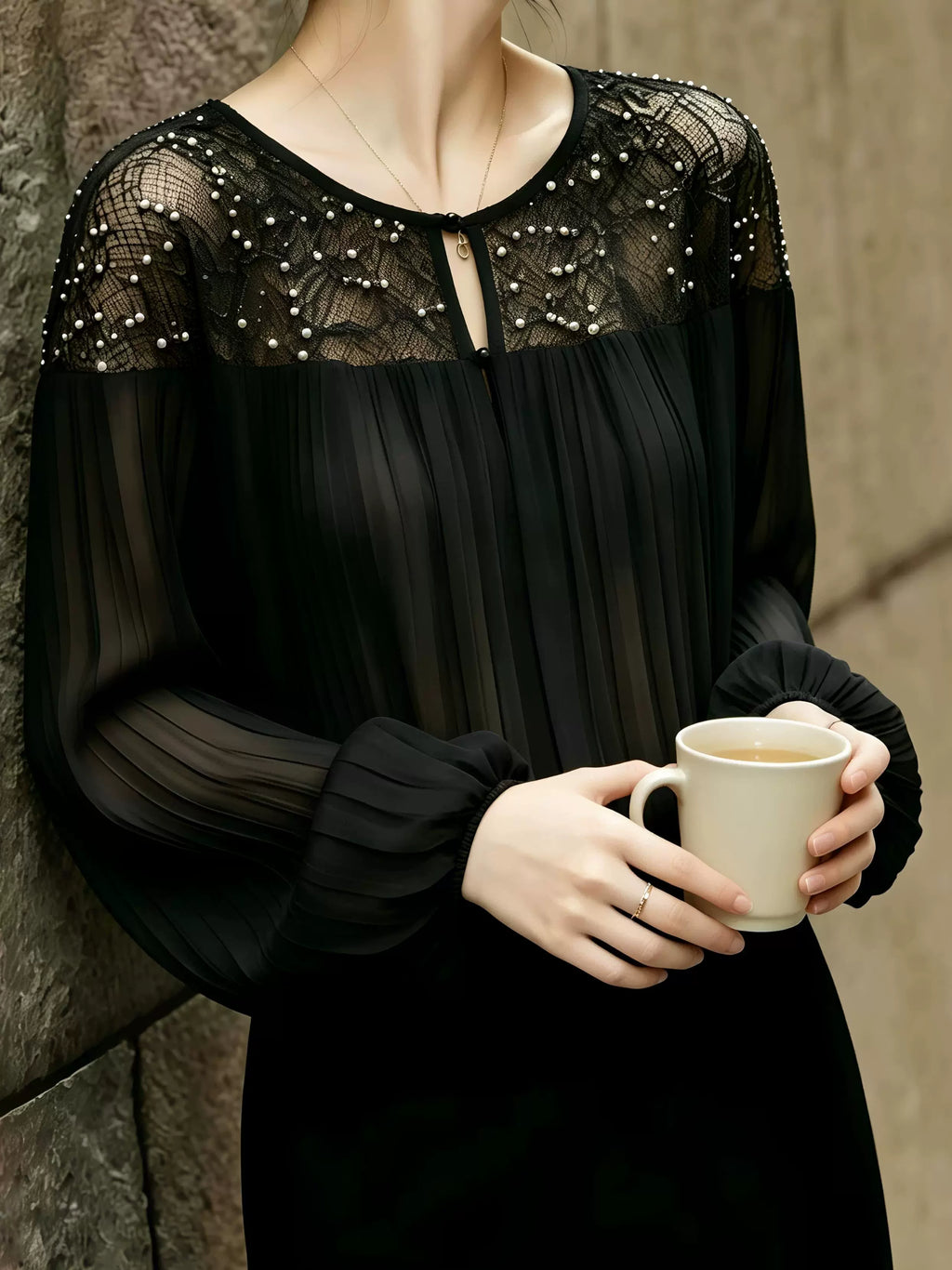 Black Lace-Overlay Top with Pearl-Beaded Yoke