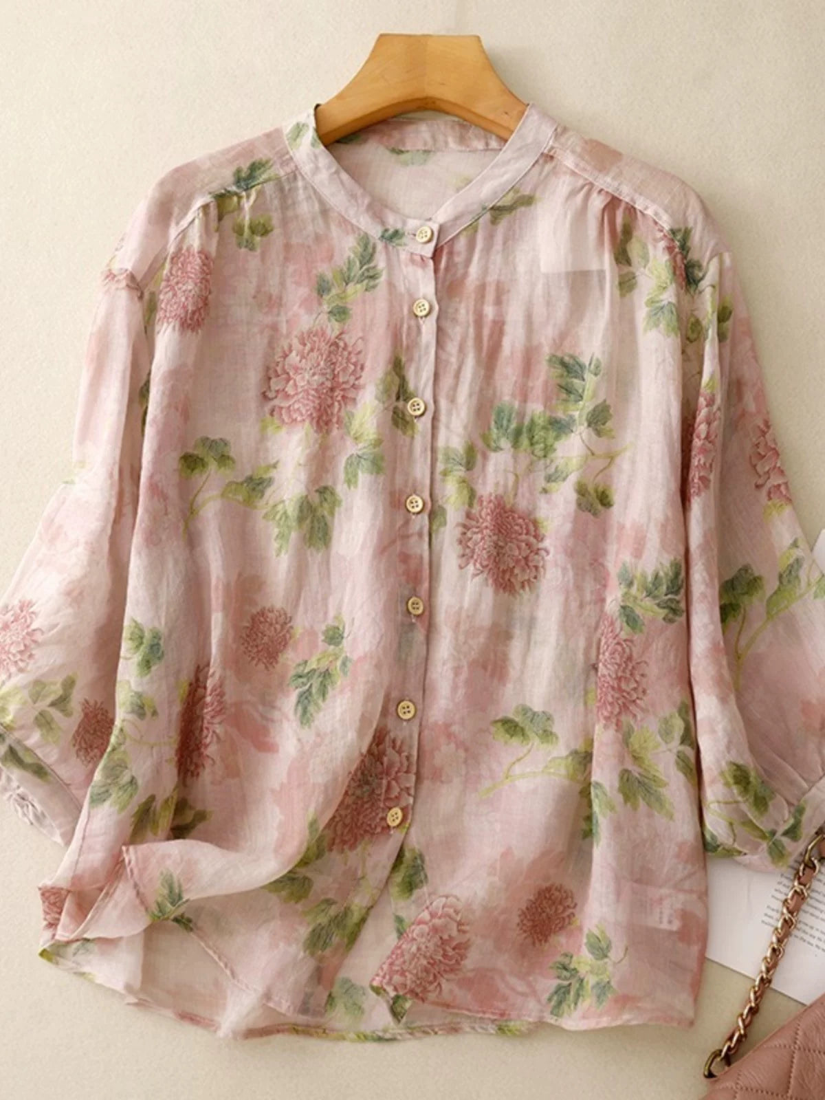 Floral Print Cotton Linen Three Quarter Sleeve Shirt