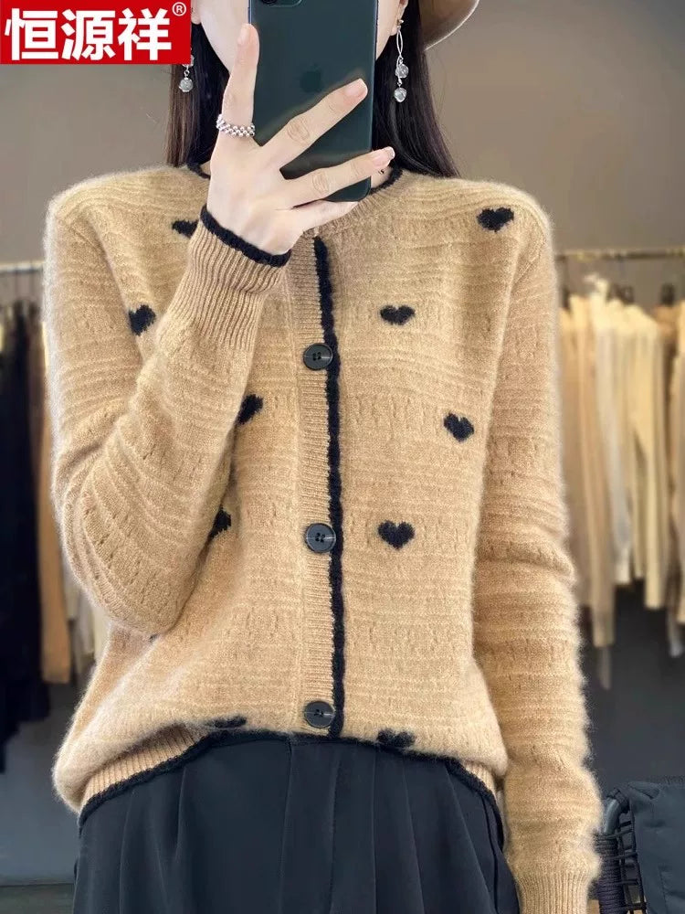 Heart-Motif Wool-Like Knit Cardigan, Relaxed Hip-Length