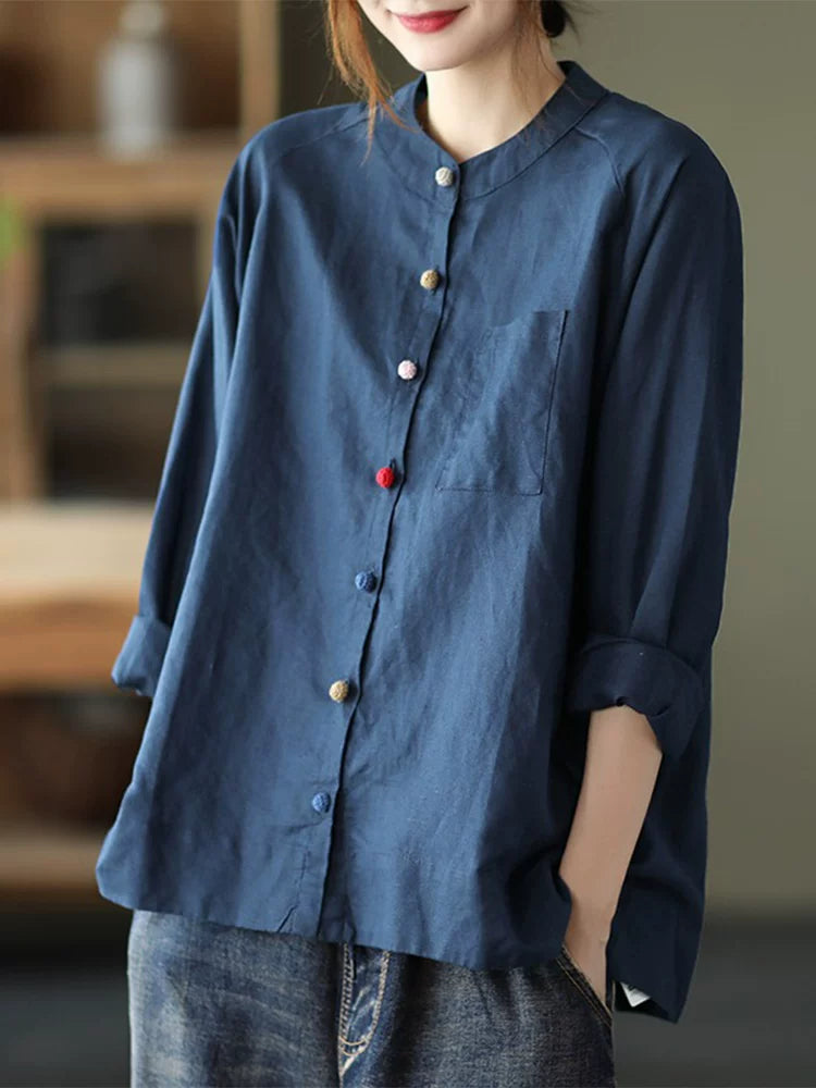 Cotton Linen Small Stand Collar Three Quarter Sleeve Shirt