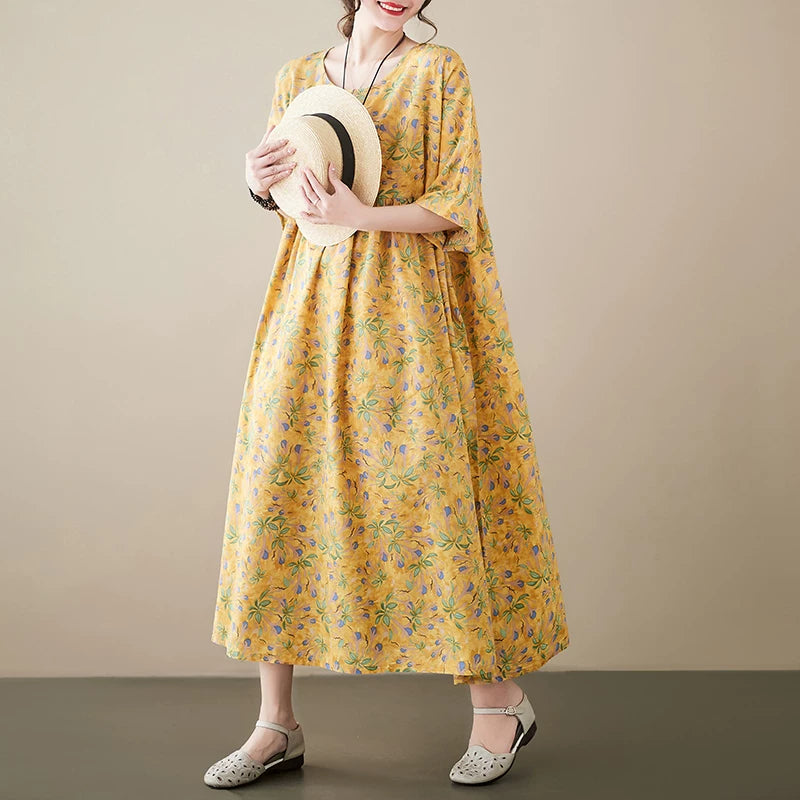 Boho Linen Cotton Midi Dress, Loose Fit, Short Sleeve