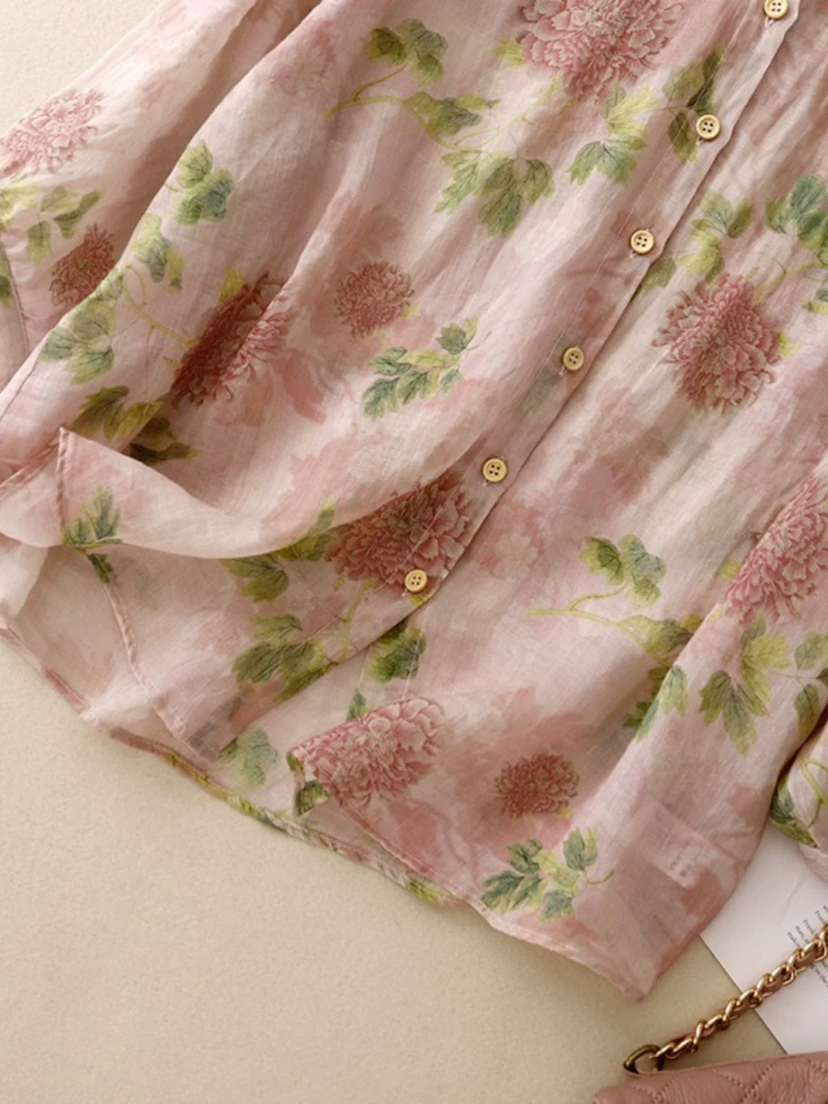 Floral Print Cotton Linen Three Quarter Sleeve Shirt