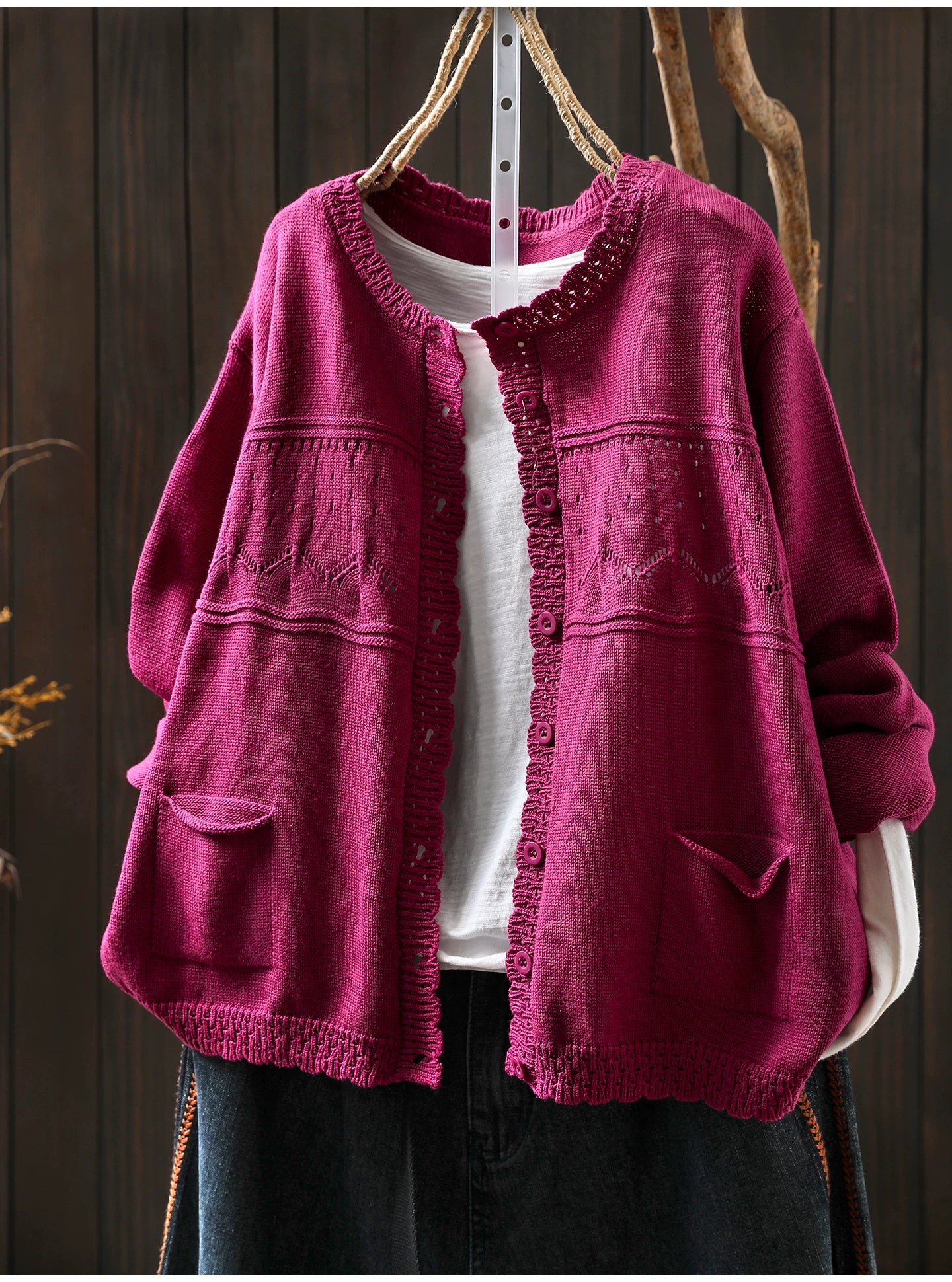 Soft Knit Cardigan with Openwork Panels & Ruffles