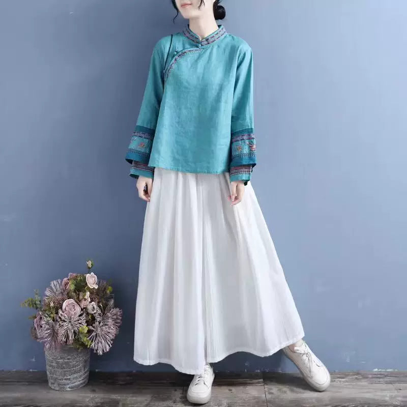 Embroidered Long Sleeve Shirt, Cotton Linen, Rounded Neckline