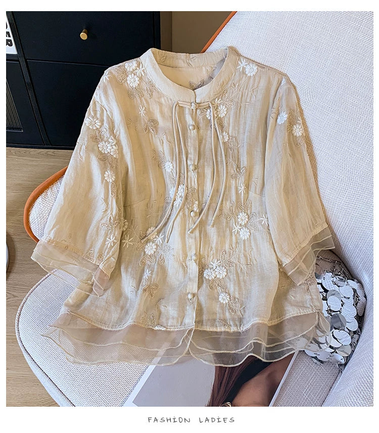 Embroidered Top with Organza Overlay & Button Front
