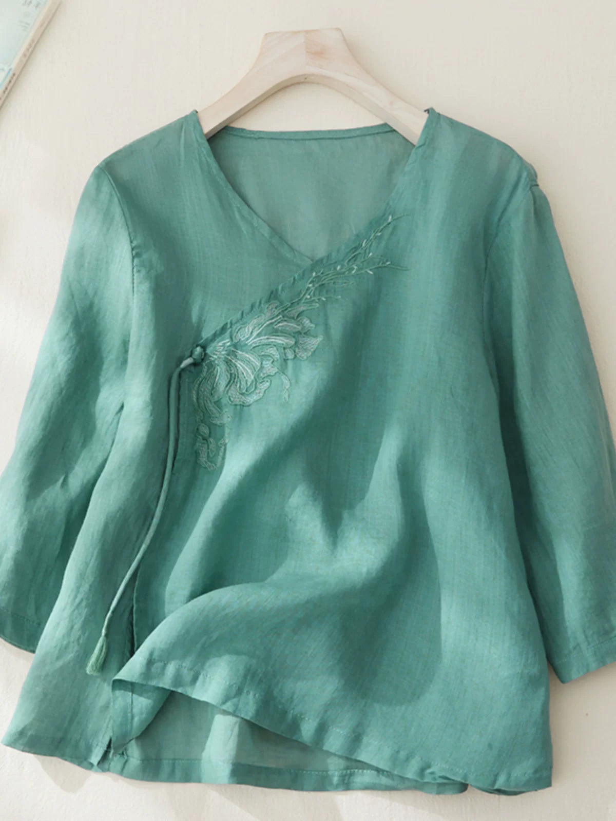 Embroidered V-Neck Top with Asymmetrical Tie Detail