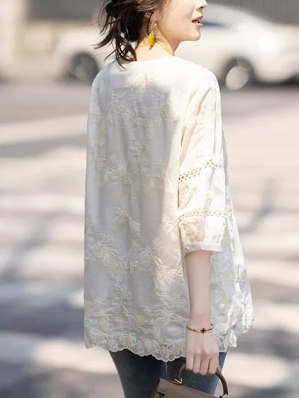 Apricot V-Neck Top with Embroidered Cutouts