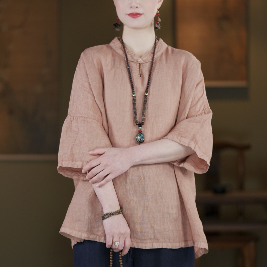 100% Linen Boxed Top with Stand Collar & Elbow Sleeves