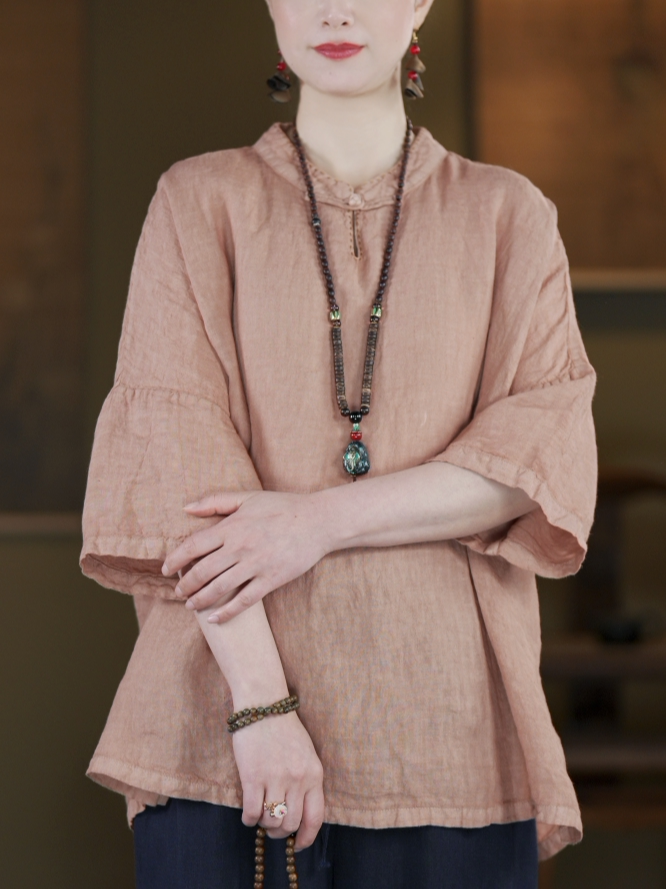 100% Linen Boxed Top with Stand Collar & Elbow Sleeves