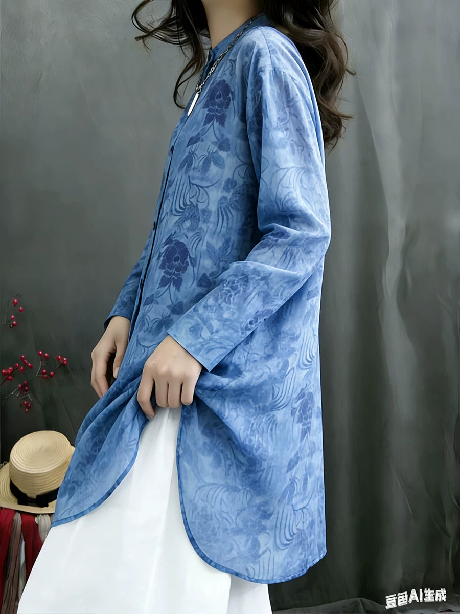 Chiffon Tunic with Blue Floral Print & Side Slits