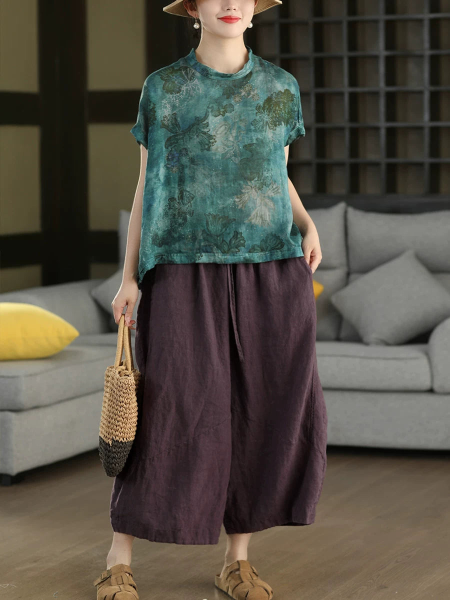 100% Ramie Top with Floral Print & Small Stand Collar