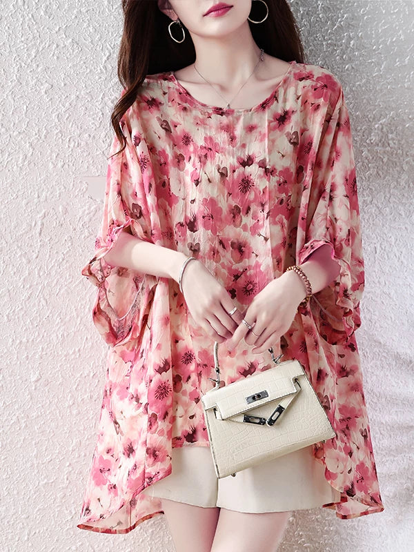 Floral Print Relaxed Top with Ruffled Elbow Sleeves