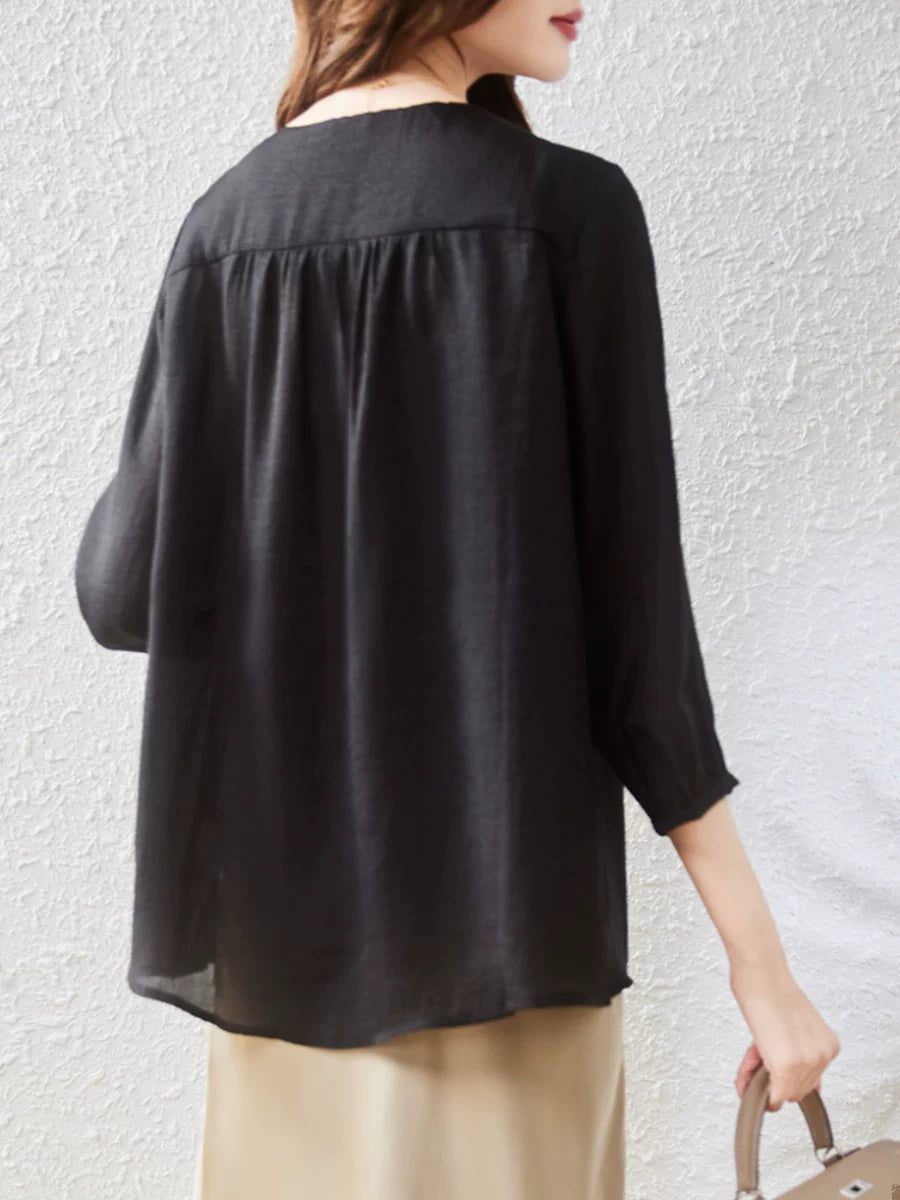 Black Button-Front Top with V-Neck and Mid-Length Sleeves