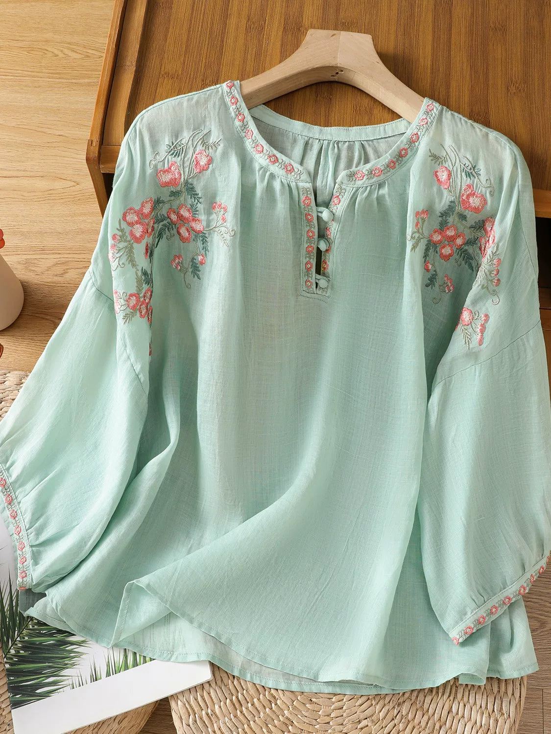 Embroidered Floral Top in Linen-Look Textured Fabric