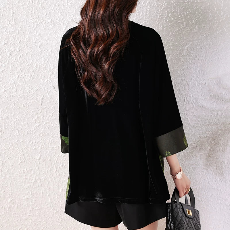 Jacquard Top with Velvet-Sleeve Contrast