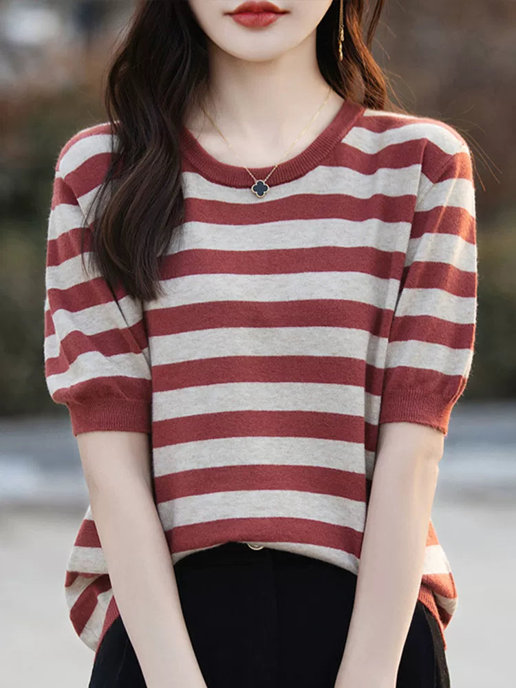 Striped Knit Top with Elbow-Length Sleeves