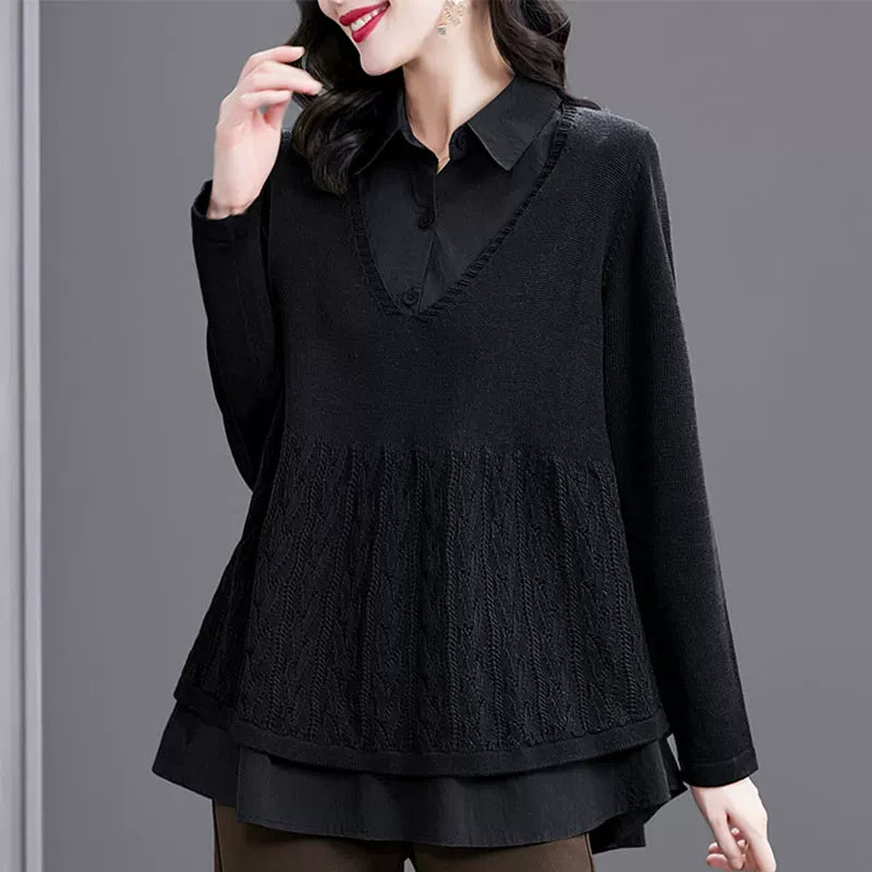 Relaxed Knit Top with Textured Lower Panel & Layered Hem
