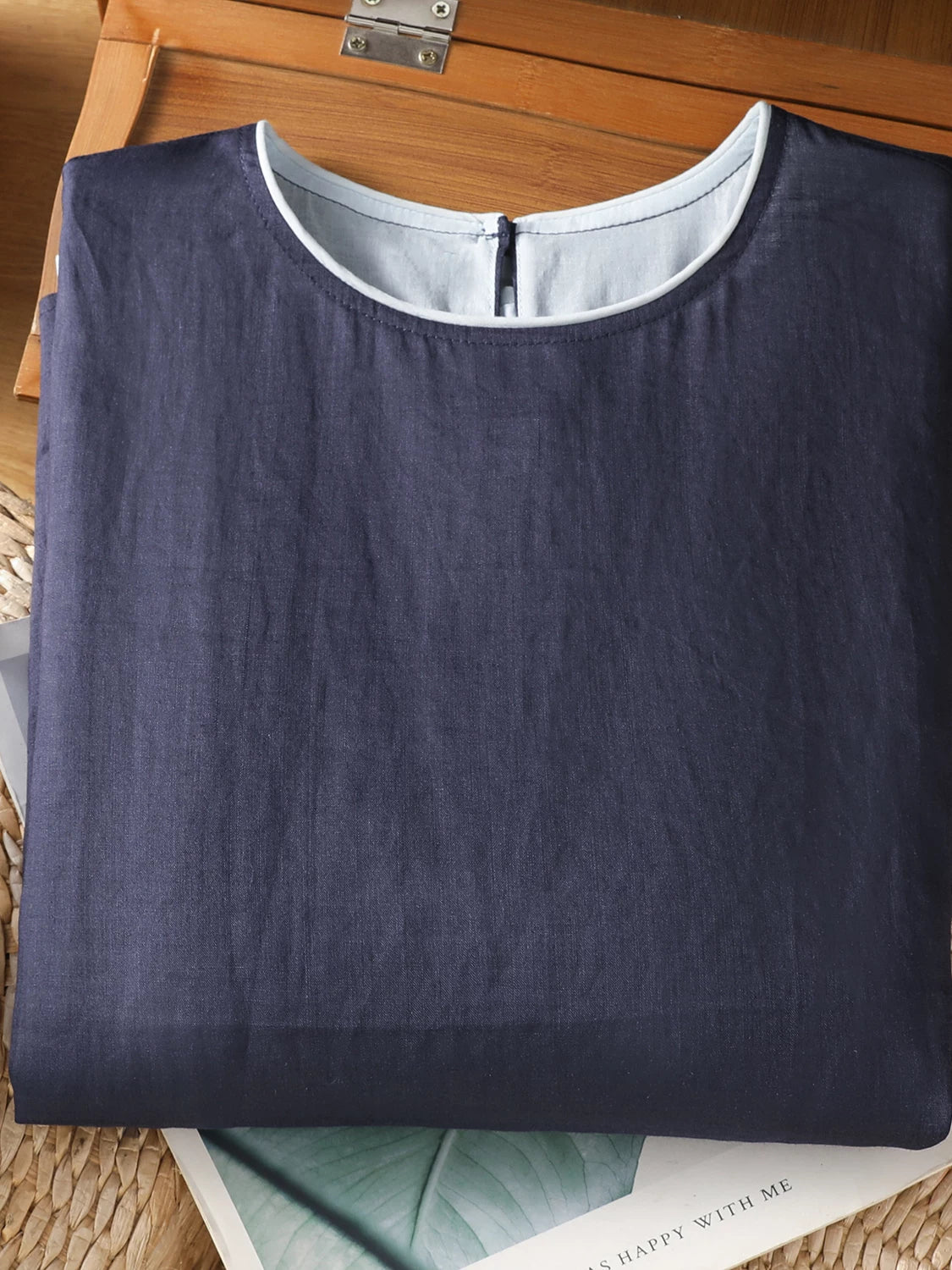 Cotton Linen Three Quarter Sleeve Shirt with Contrast Trim