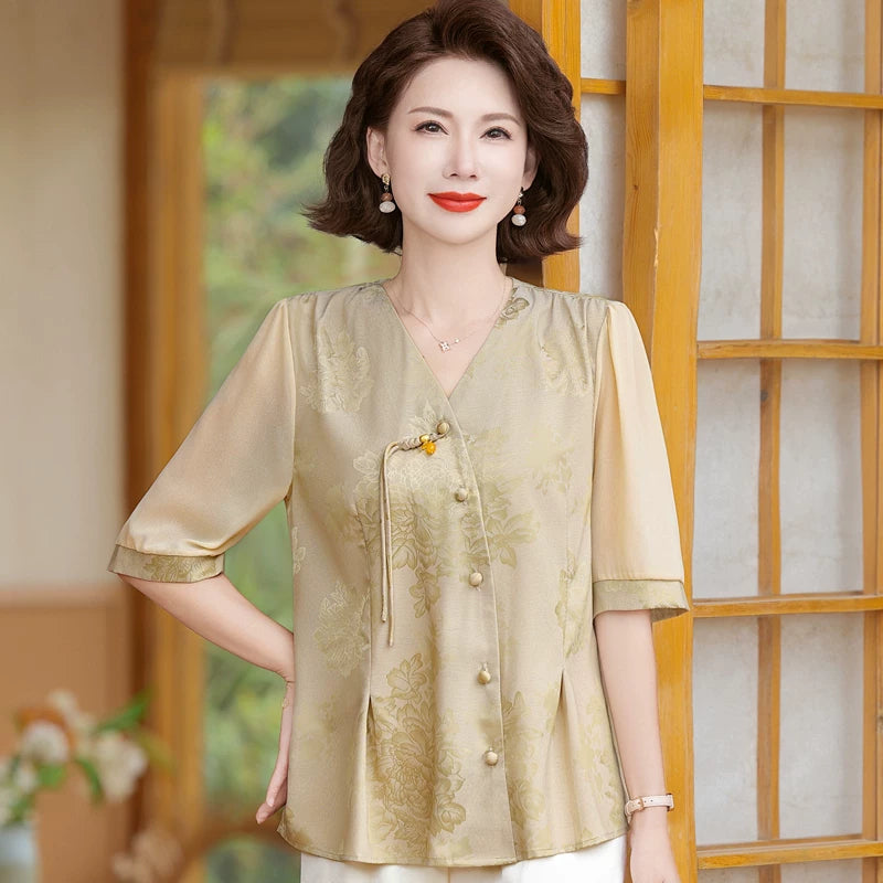 Jacquard Woven Blouse with Lapel Collar & Cuff Band