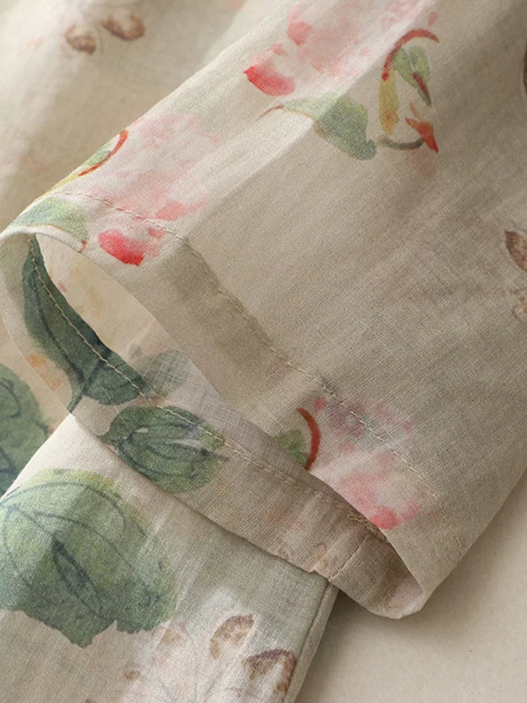 Floral Print Cotton Linen Three Quarter Sleeve Shirt