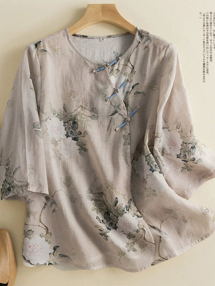 Botanical Bird Print Cotton Linen Three Quarter Sleeve Shirt