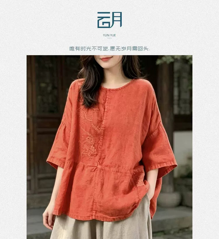 100% Linen Top with Embroidered Floral Motif