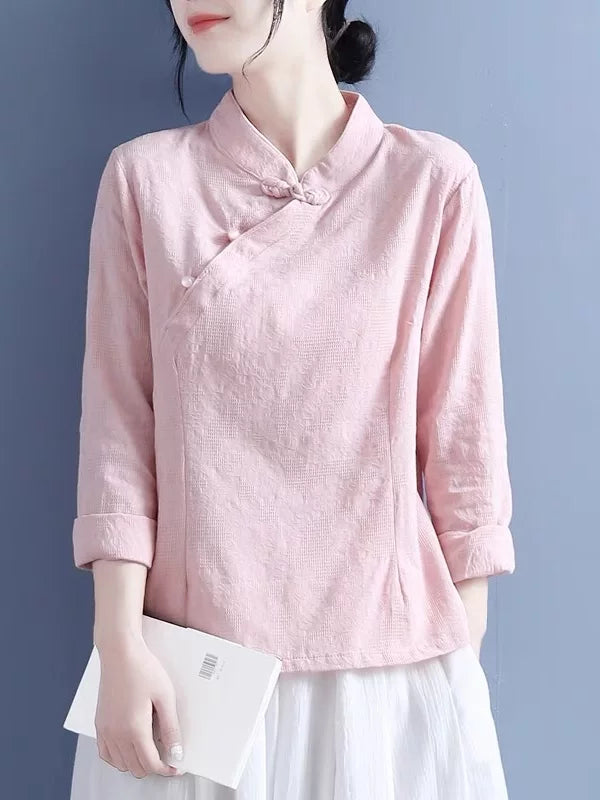 Cotton Linen Long Sleeve Shirt with Decorative Knot Detail