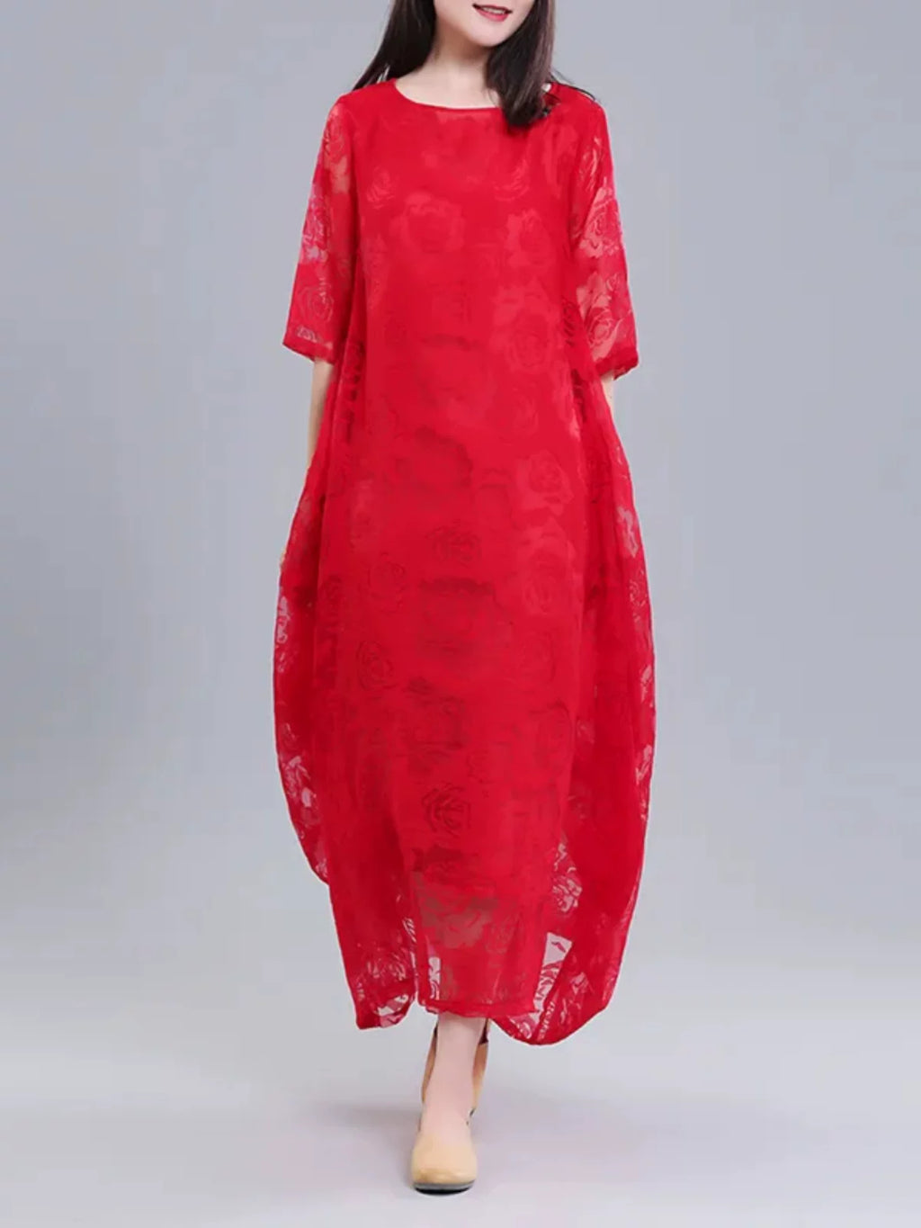 Floral Jacquard Maxi Dress with Sheer Overlay