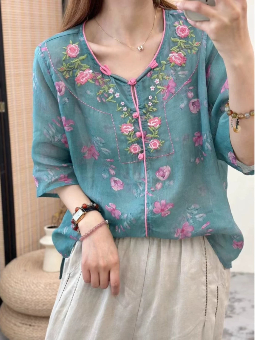 Embroidered Floral Print Half Sleeve Shirt