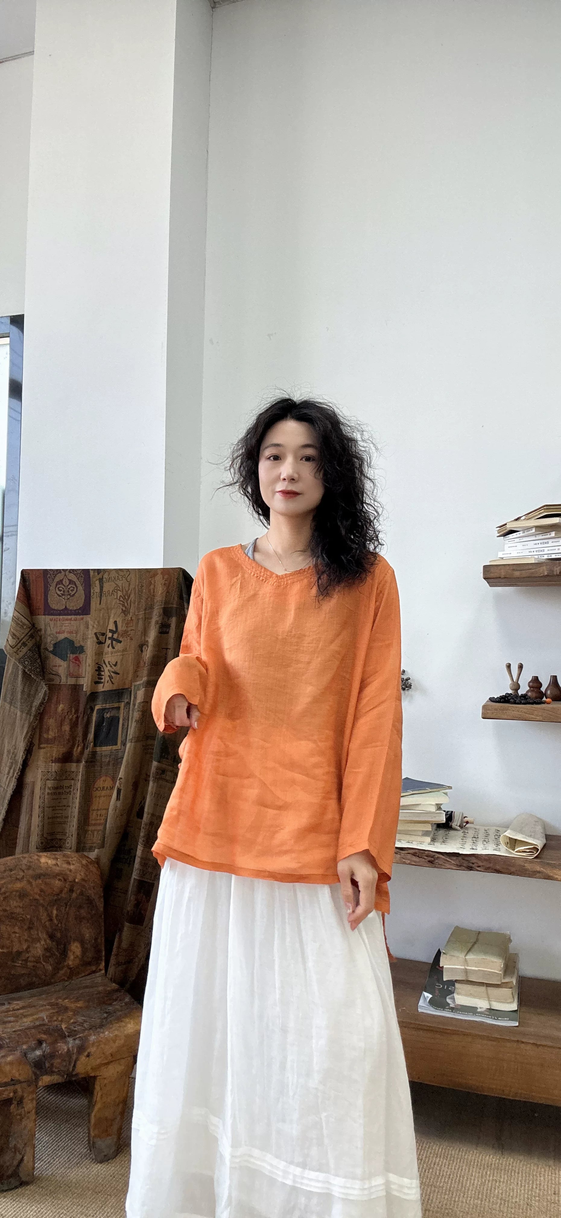 Ramie Relaxed Long-Sleeve Top in Soft Hues