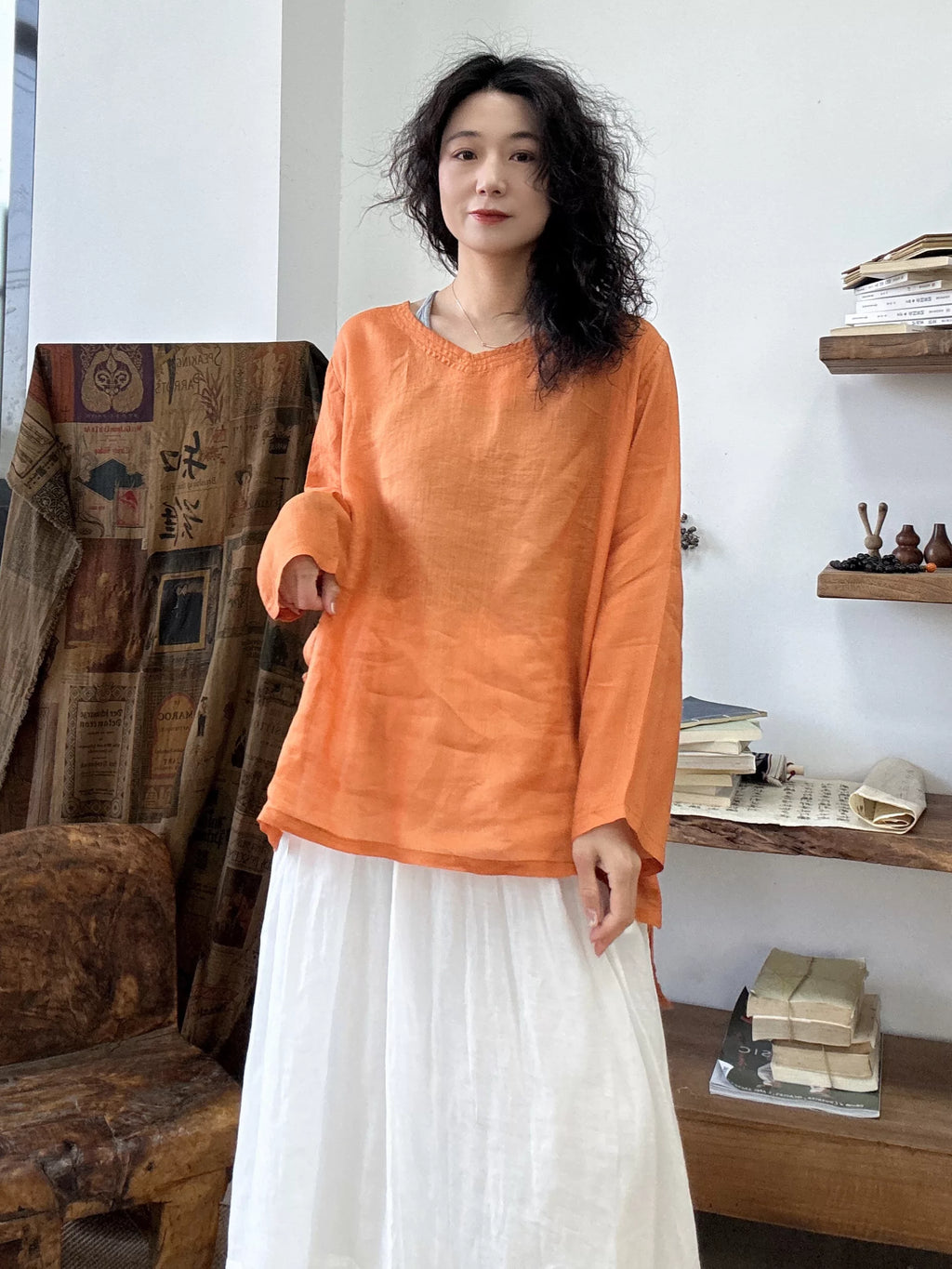 Ramie Relaxed Long-Sleeve Top in Soft Hues