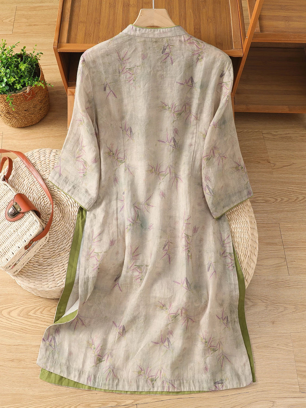 Bamboo Print Cotton Linen Three Quarter Sleeve Shirt