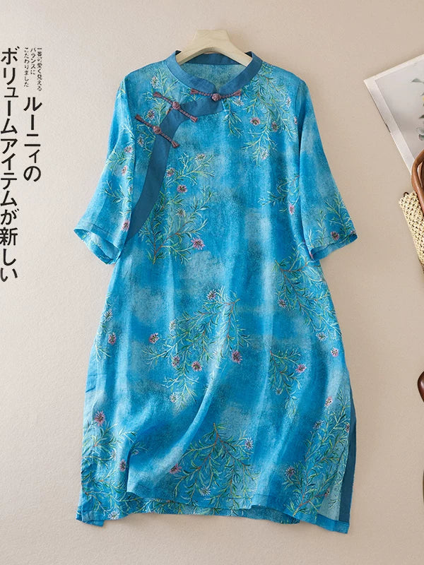Floral Print Cotton Linen Half Sleeve Shirt with Embroidery