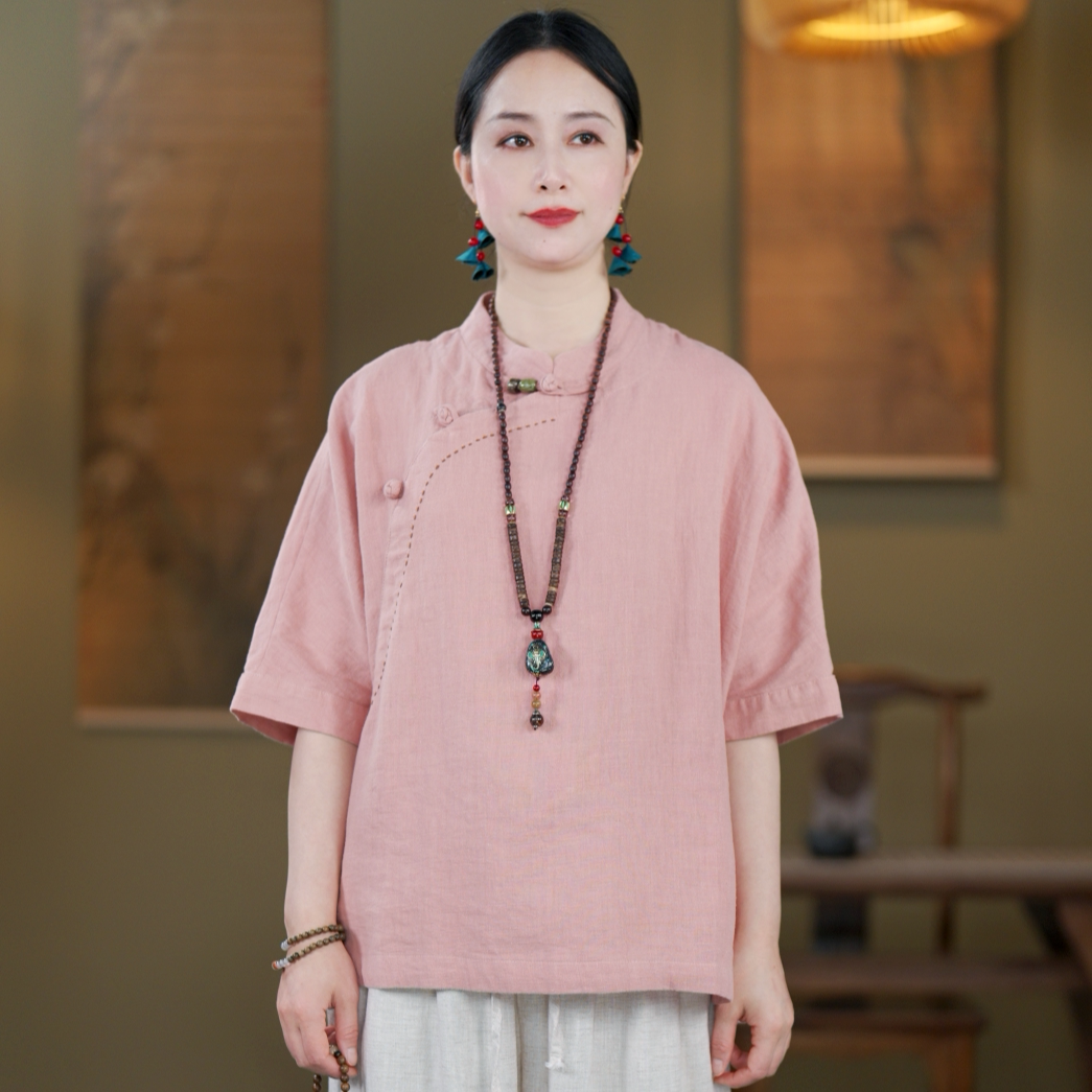 100% Linen Top with Mandarin Collar & Asymmetrical Front