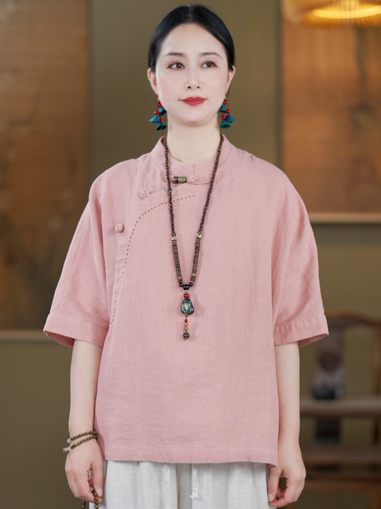 100% Linen Top with Mandarin Collar & Asymmetrical Front