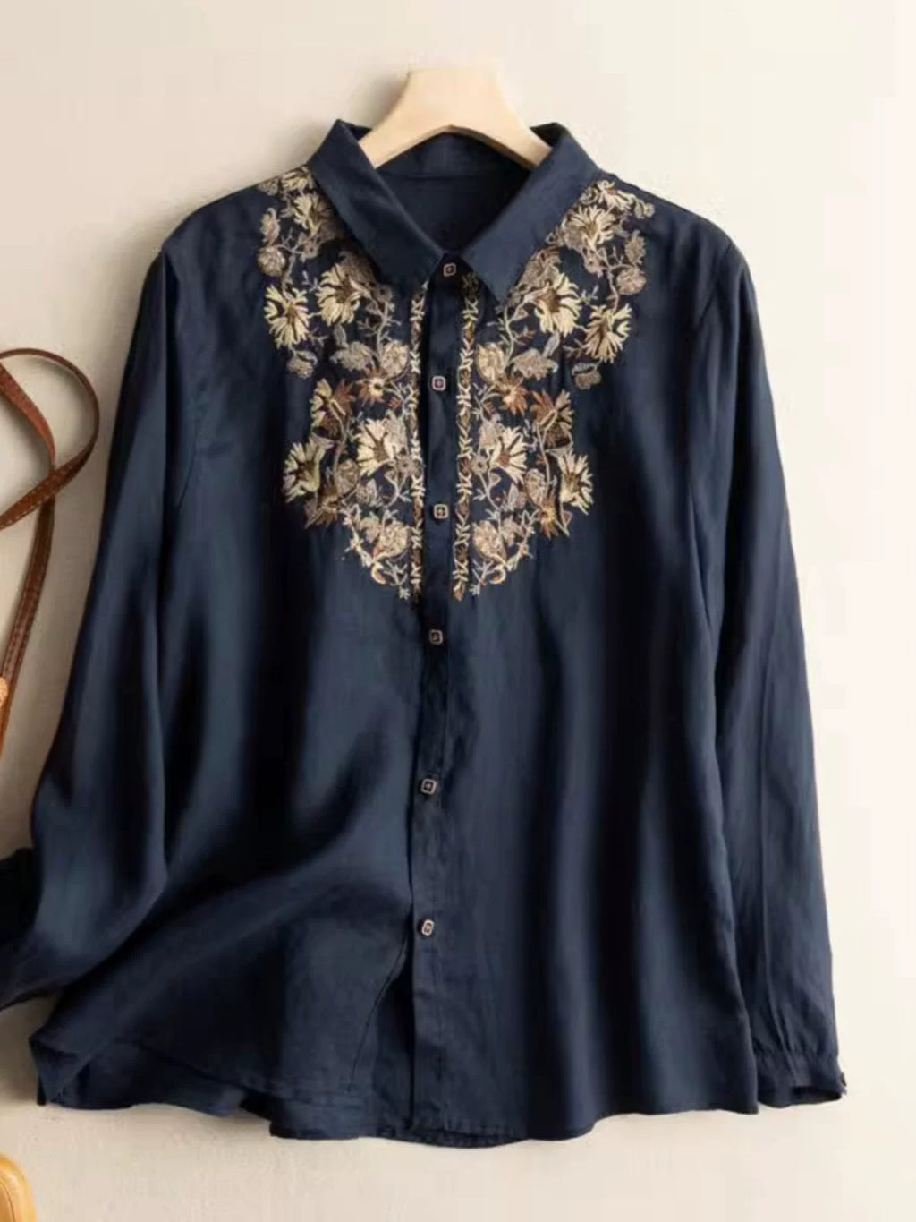 Embroidered Cotton-Linen Blouse with Shirt Collar