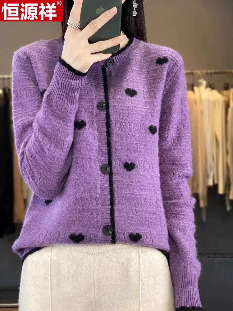 Heart-Motif Wool-Like Knit Cardigan, Relaxed Hip-Length