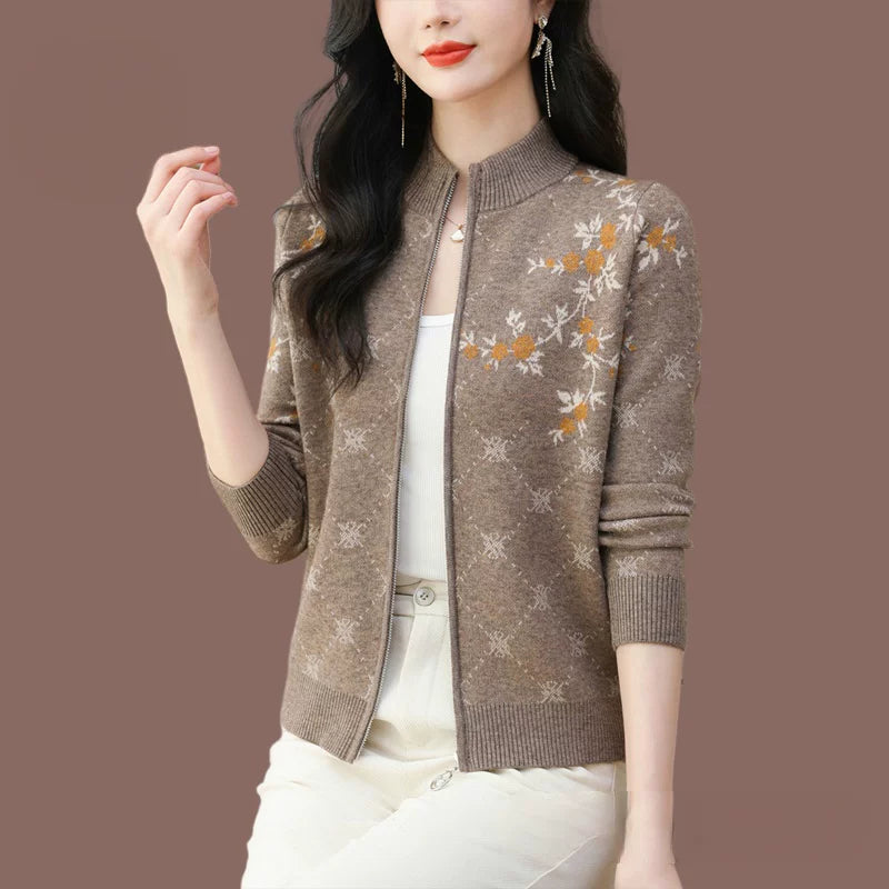 Floral Jacquard Zip-Front Cardigan, Small Stand Collar